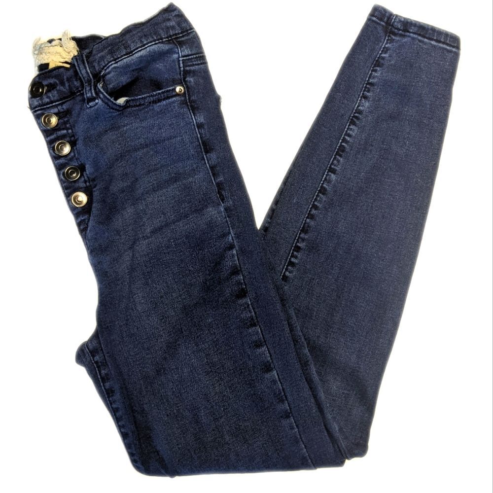 Altar'd State high rise stretch skinny jeans, button fly, dark blue wash 28/7